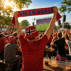 Fanshoppen Norge red bucket hat and scarf with Norwegian flag colors, cheering at a football match.