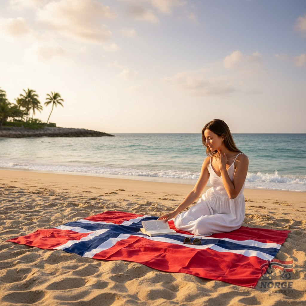 Fanshoppen Norge large Norwegian flag, 1.4x2m, red, white, and blue design with hanging loops. Ideal for events or decoration.