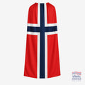 Fanshoppen Norge red, white, and blue Norwegian flag, 150cm, with two hanging options: neck cape or Velcro attachment.