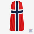 Fanshoppen Norge red, white, and blue Norwegian flag, 150cm, with two hanging options: neck cape or Velcro attachment.