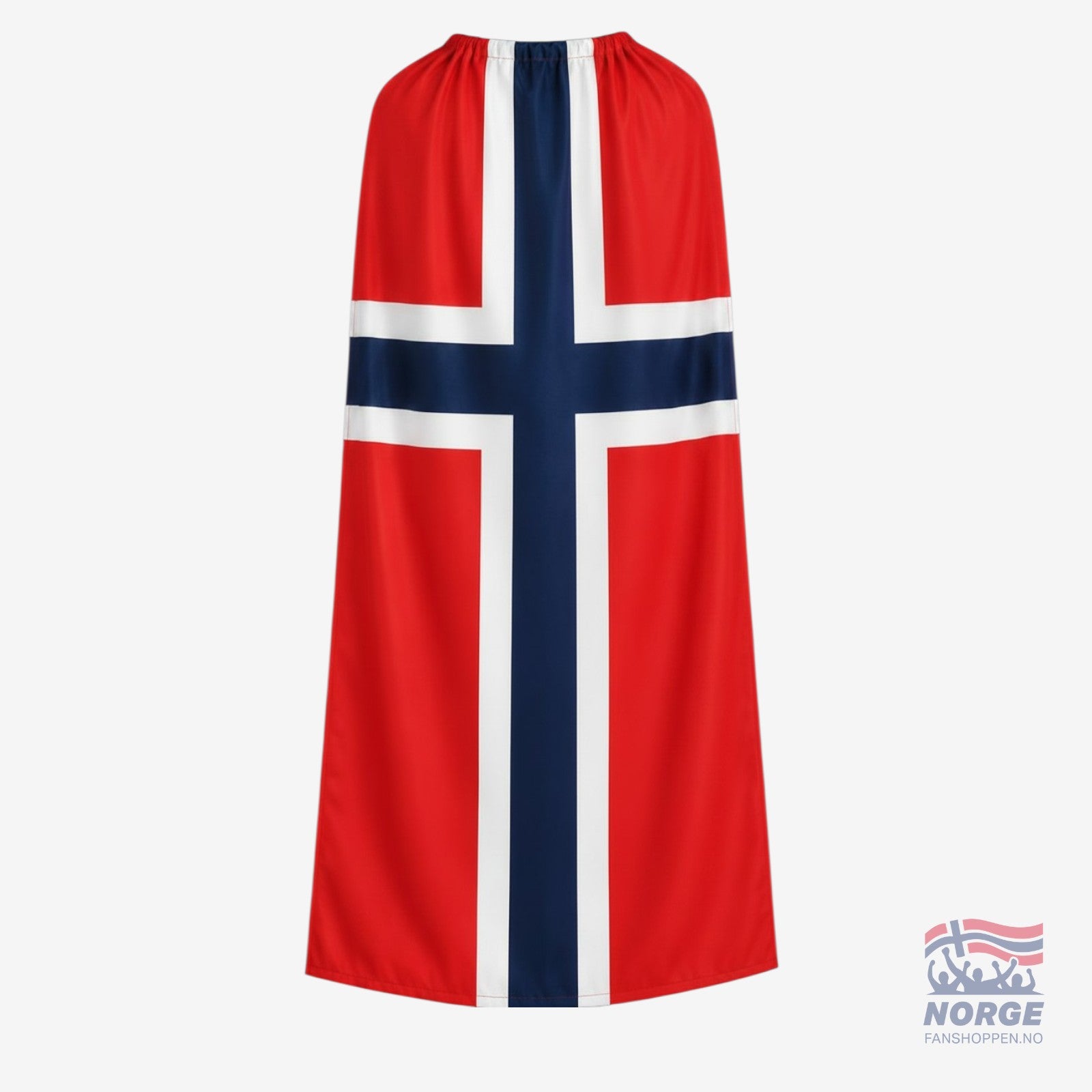 Fanshoppen Norge red, white, and blue Norwegian flag, 150cm, with two hanging options: neck cape or Velcro attachment.