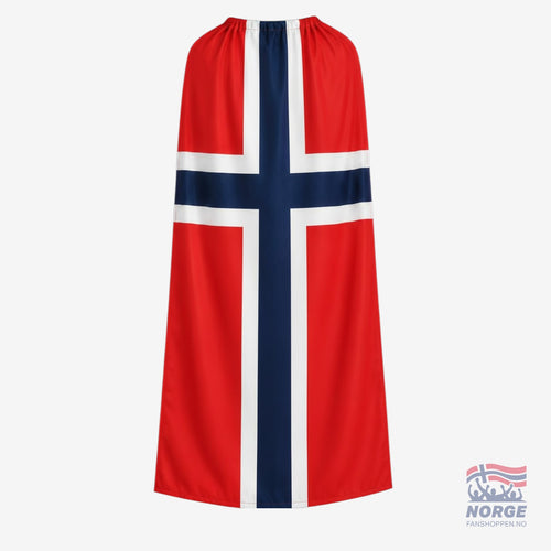Fanshoppen Norge red, white, and blue Norwegian flag, 150cm, with two hanging options: neck cape or Velcro attachment.