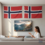 Fanshoppen Norge large Norwegian flag, 1.4x2m, red, white, and blue with cross design. Features hanging loops for easy display.