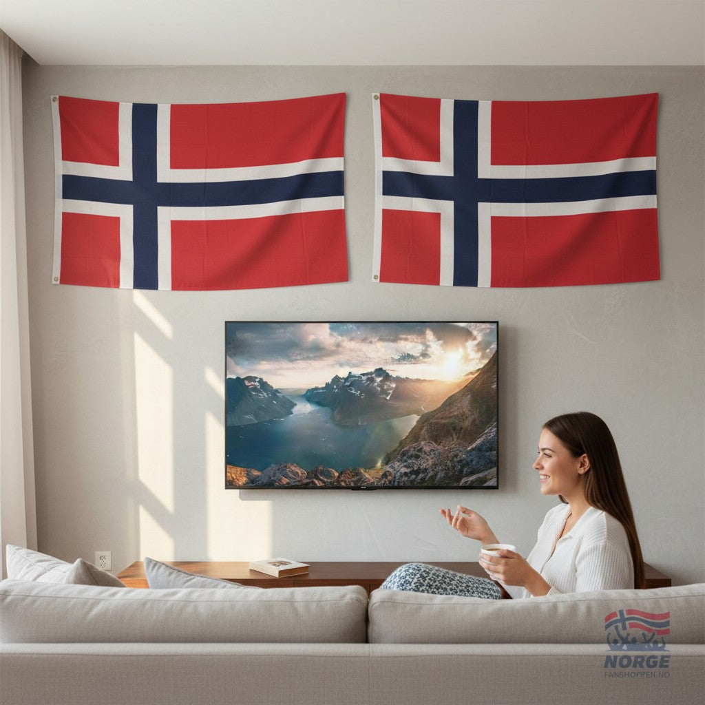 Fanshoppen Norge large Norwegian flag, 1.4x2m, red, white, and blue with cross design. Features hanging loops for easy display.