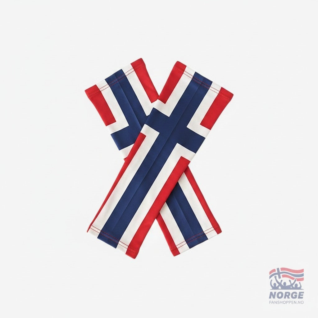 Fanshoppen Norge pair of arm sleeves featuring the Norwegian flag design in red, white, and blue. Elasticated cuffs.