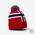 Fanshoppen Norge red, white, and blue knitted beanie with Norwegian flag design and pom-pom.