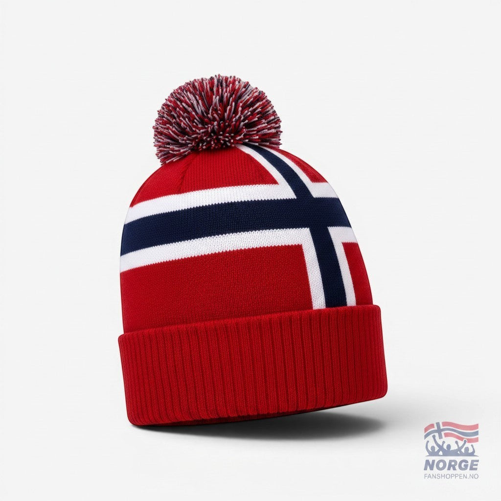 Fanshoppen Norge red, white, and blue knitted beanie with Norwegian flag design and pom-pom.