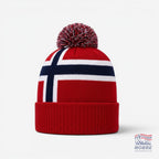Fanshoppen Norge red, white, and blue knitted beanie with a pom-pom, featuring the Norwegian flag design.
