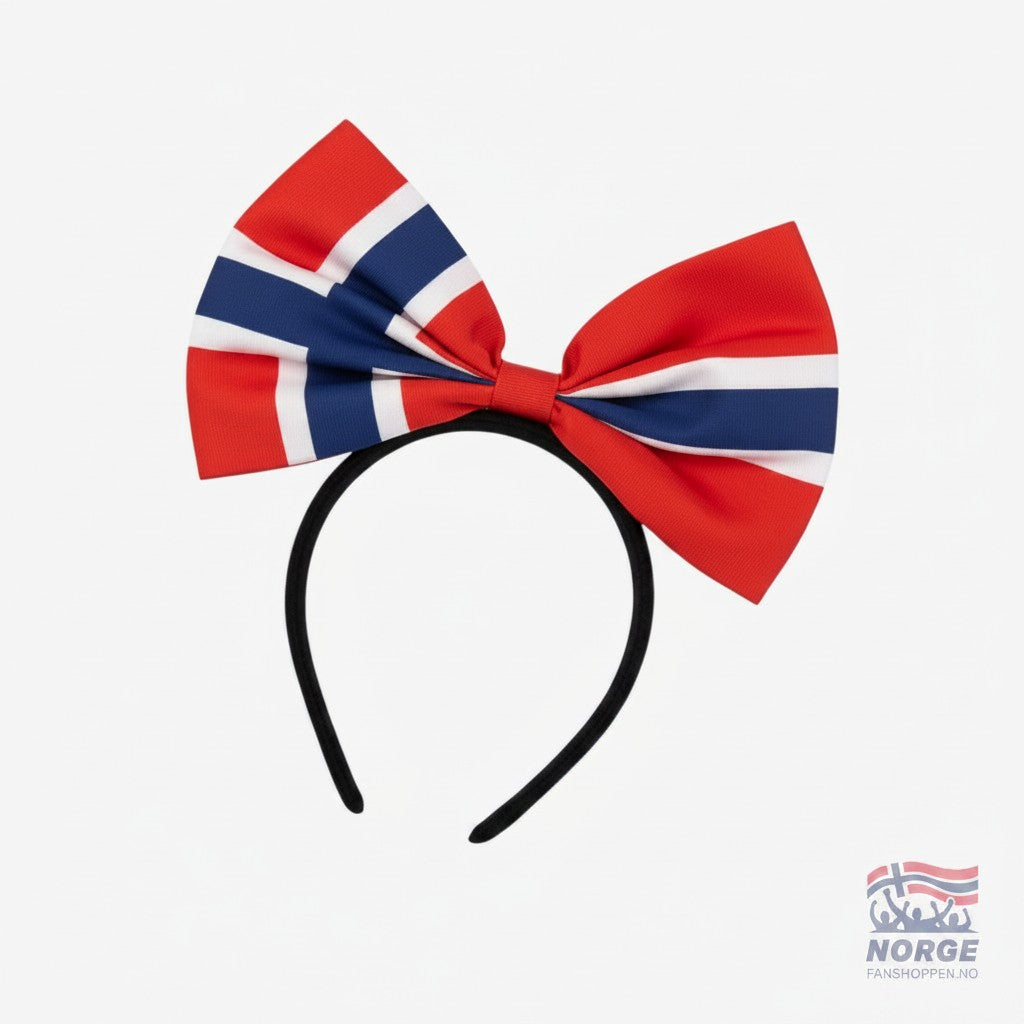Fanshoppen Norge headband with a large red, white, and blue bow featuring the Norwegian flag design.