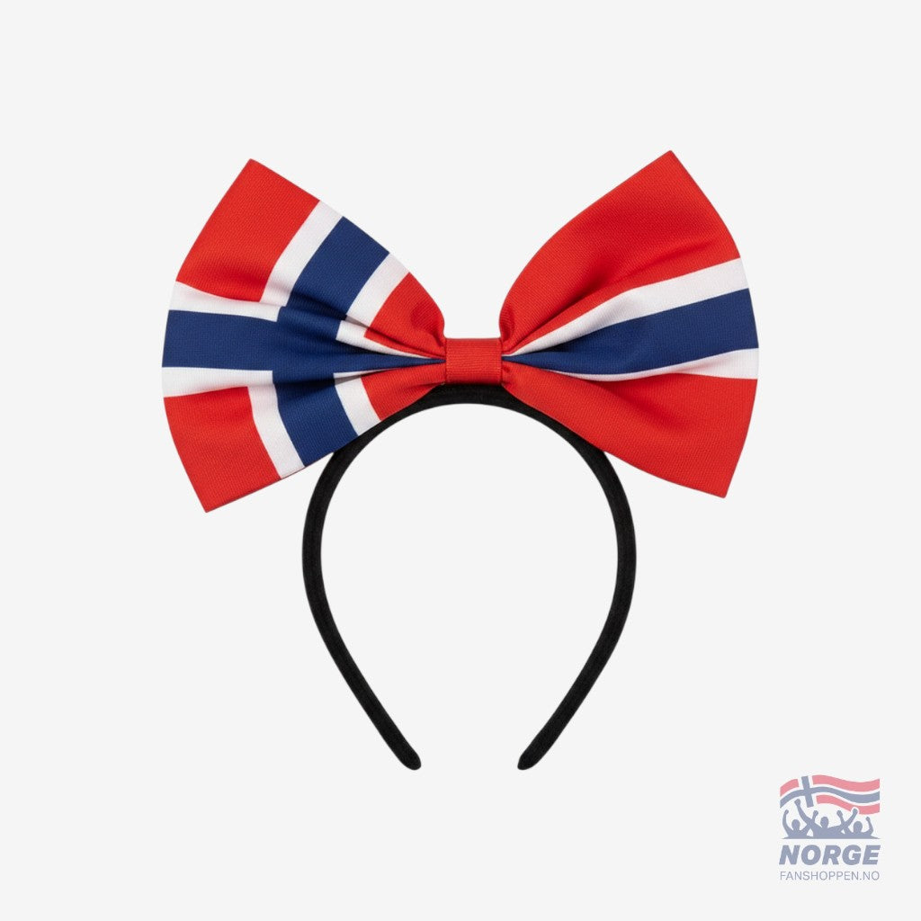 Fanshoppen Norge headband with a large red, white, and blue bow in the Norwegian flag colors. A blonde woman wears it with a red jersey.