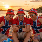 Fanshoppen Norge red bucket hat with white and blue Norwegian flag design. Casual style.