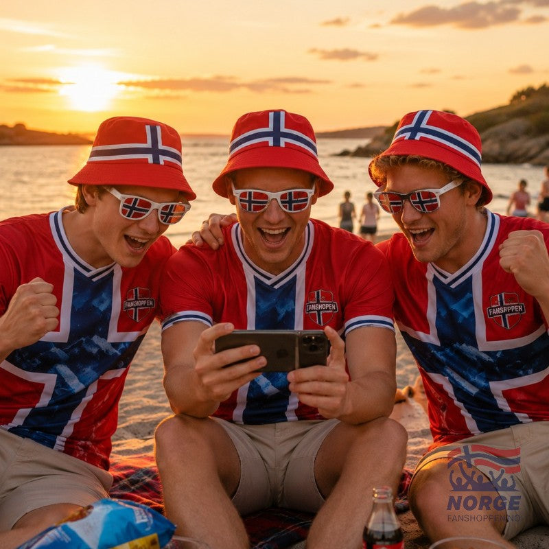 Fanshoppen Norge red bucket hat with white and blue Norwegian flag design. Casual style.