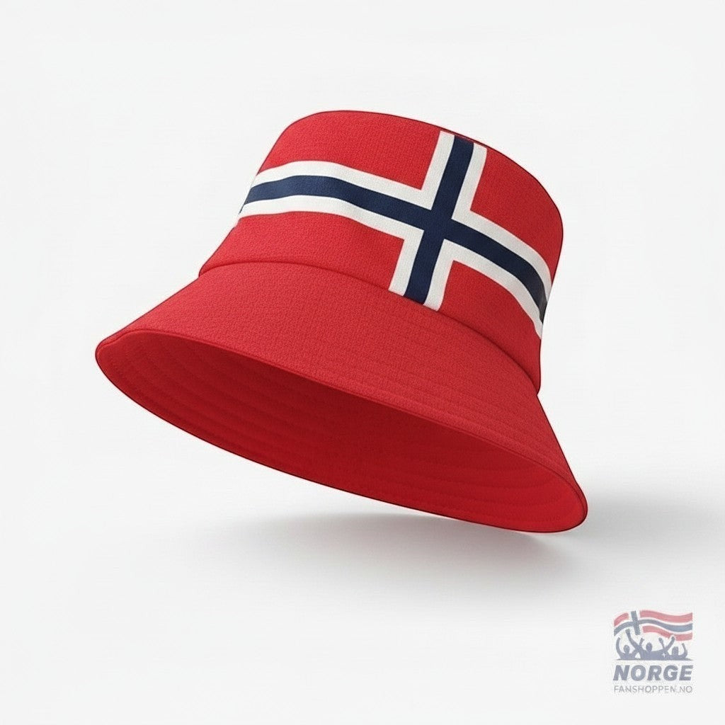 Fanshoppen Norge red bucket hat with white and navy blue Norwegian flag design. Casual style for everyday wear or sporting events.