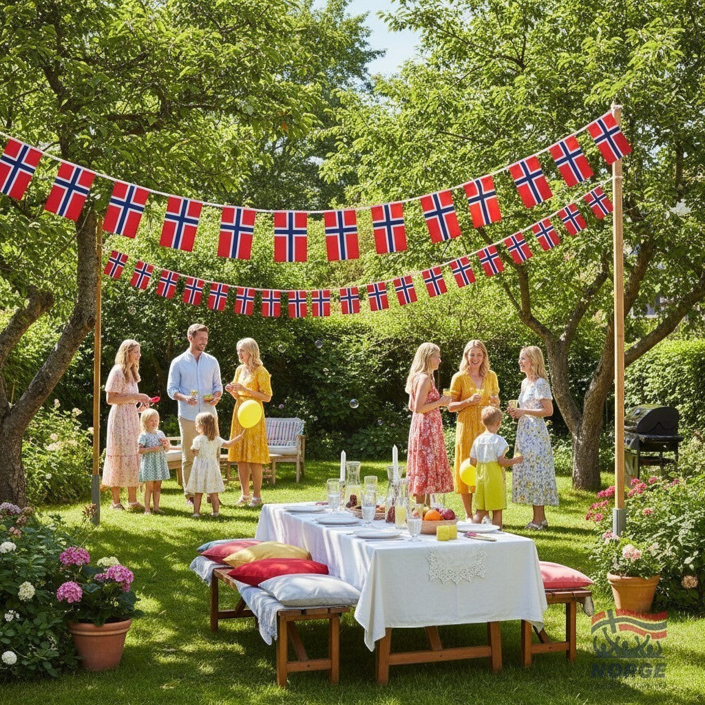 Fanshoppen Norge Norwegian flag bunting with 15 textile flags in red, white, and blue, 4.5m long, draped above a TV.
