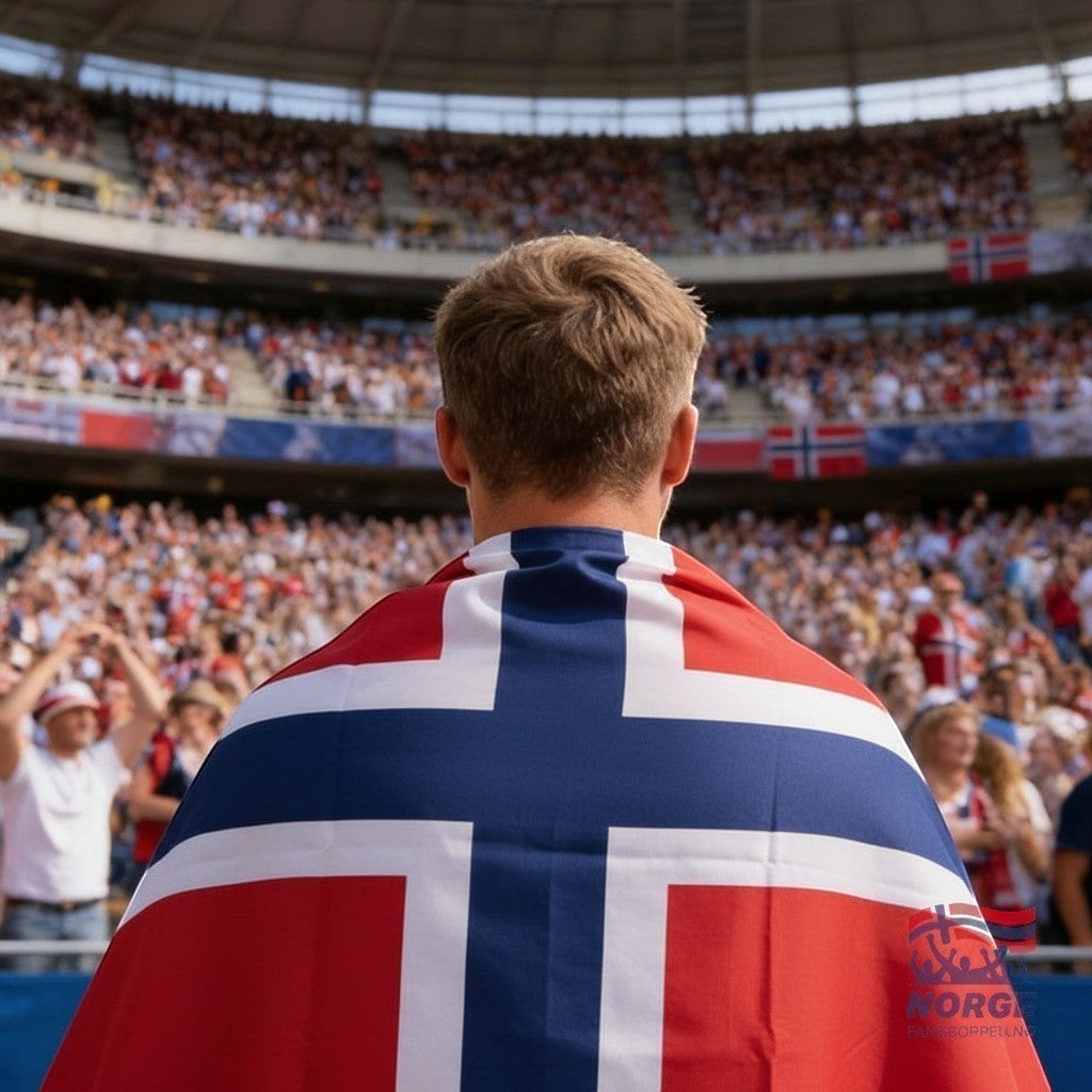 Fanshoppen Norge 150cm Norwegian flag cape worn by a man at a stadium with a crowd in the background.