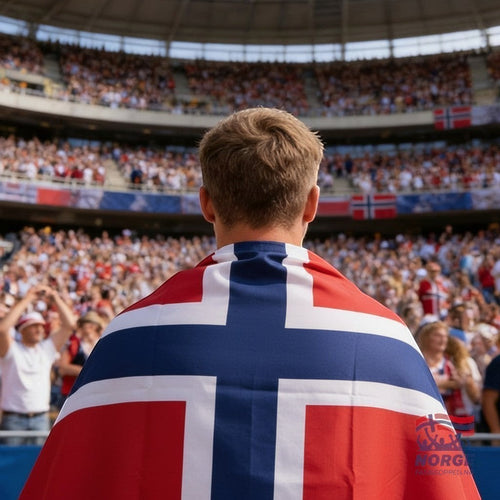 Fanshoppen Norge 150cm Norwegian flag cape worn by a man at a stadium with a crowd in the background.