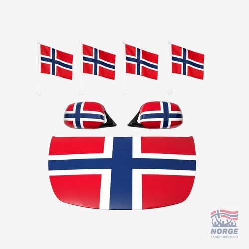 Fanshoppen Norge car decoration kit with Norwegian flags on hood, roof, and side mirrors. White car with red, white, and blue flag design.