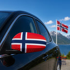 Fanshoppen Norge car mirror covers featuring the Norwegian flag in red, white, and blue. Two covers shown on a black car.