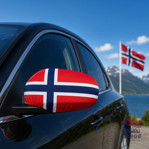 Fanshoppen Norge car mirror covers featuring the Norwegian flag in red, white, and blue. Two covers shown on a black car.