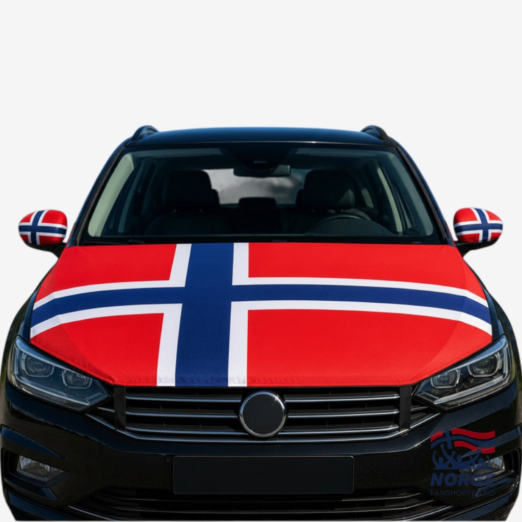 Fanshoppen Norge car flag set with Norwegian flag design on hood and side mirrors, red, white, and blue.