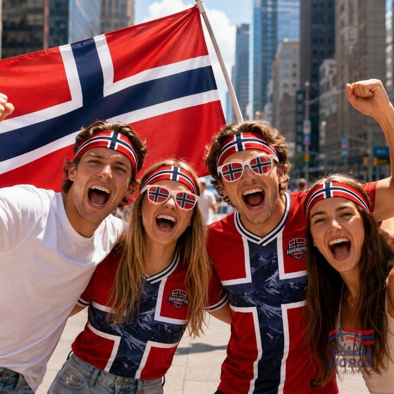 Fanshoppen Norge red headband with Norwegian flag design and trailing ties, worn by a man.