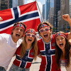 Fanshoppen Norge red headband with Norwegian flag design and trailing ties, worn by a man.