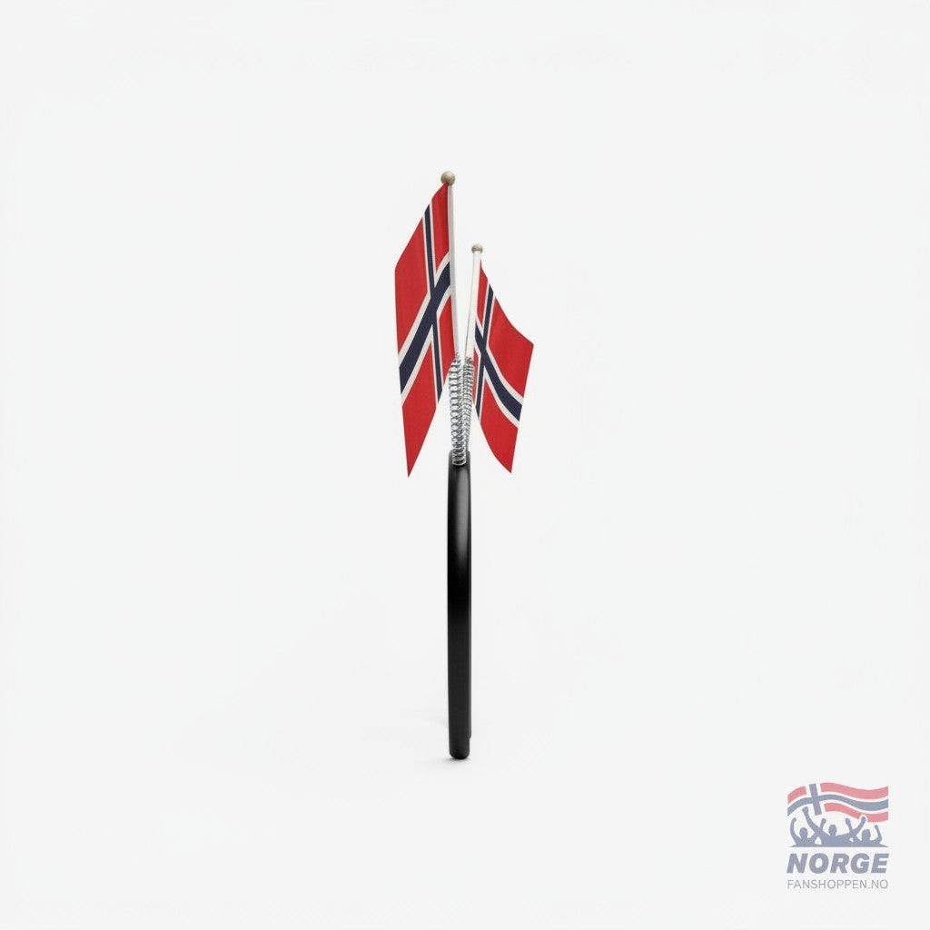 Fanshoppen Norge headband with two Norwegian flags attached to flexible springs. Red, white, and blue flags.
