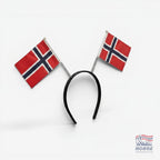 Fanshoppen Norge headband with two Norwegian flags attached to flexible springs. Red, white, and blue flags.