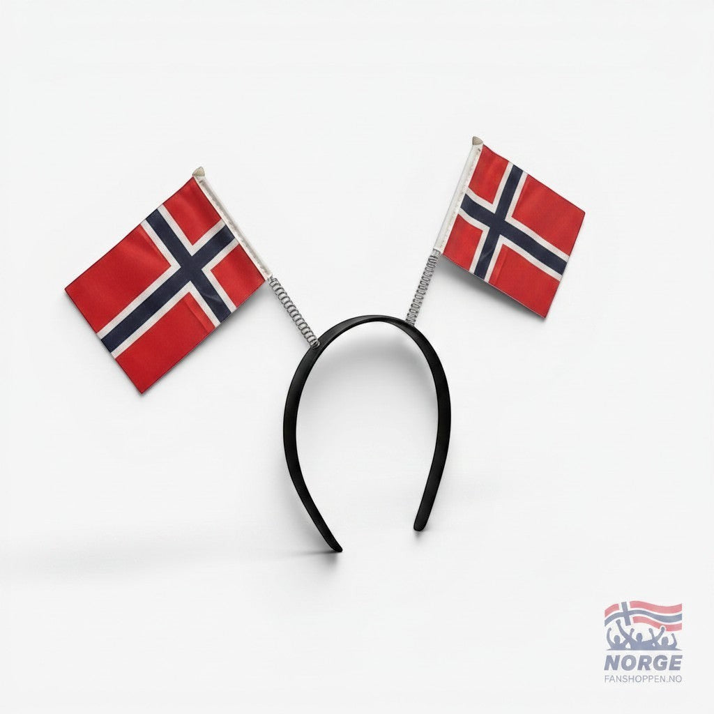 Fanshoppen Norge headband with two Norwegian flags attached to flexible springs. Red, white, and blue flags.