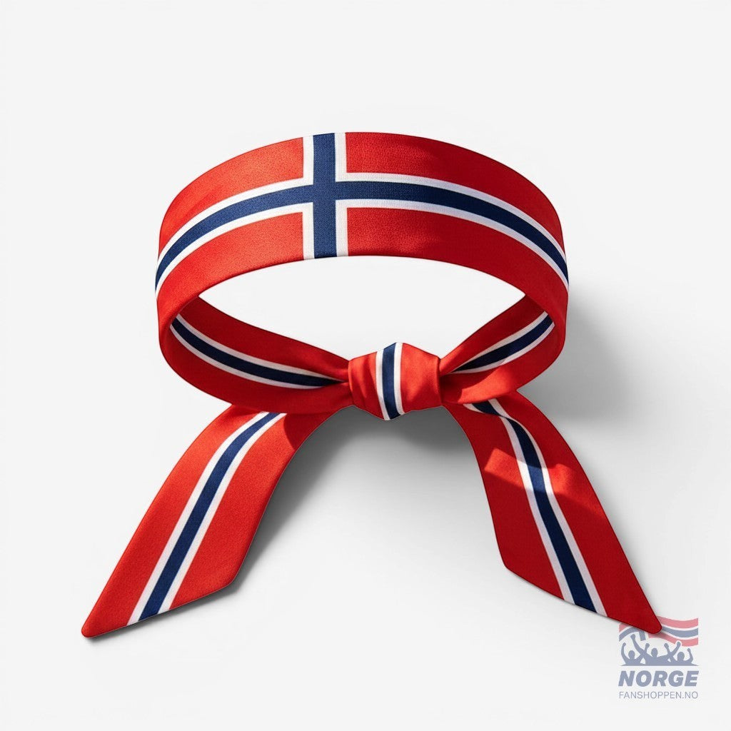 Fanshoppen Norge red headband with Norwegian flag design and tie detail.