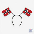 Fanshoppen Norge headband with two Norwegian flags, featuring a red, white, and blue embroidered band.