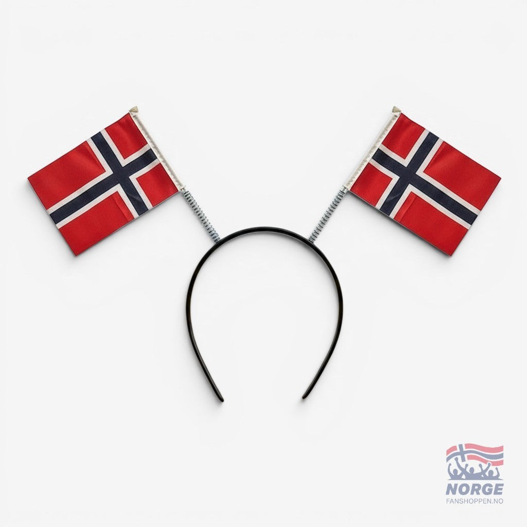 Fanshoppen Norge headband with two Norwegian flags, featuring a red, white, and blue embroidered band.