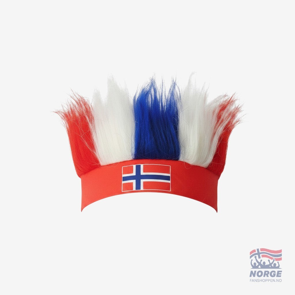 Fanshoppen Norge red headband with faux hair in red, white, and blue, featuring the Norwegian flag.