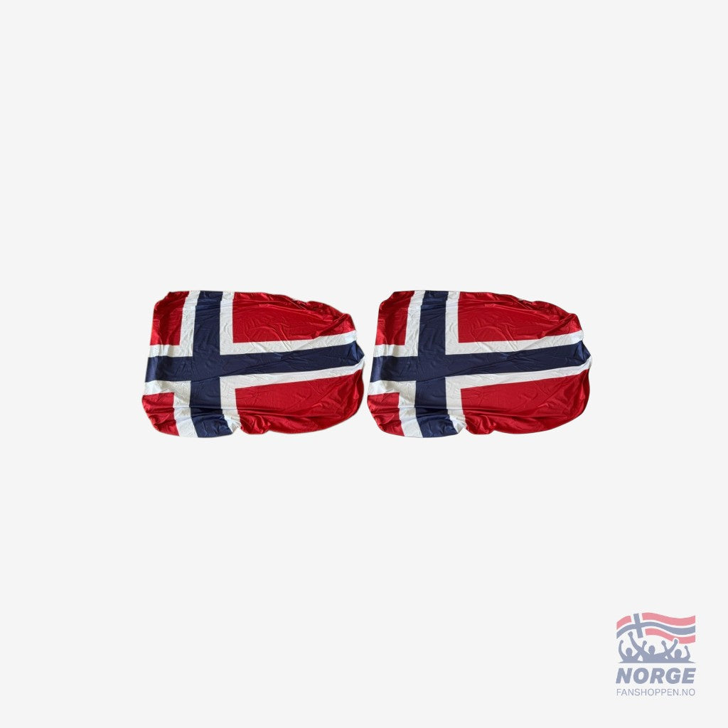 Fanshoppen Norge car side mirror covers featuring the Norwegian flag, red, white, and blue design.
