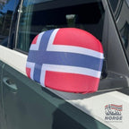 Fanshoppen Norge car mirror covers featuring the Norwegian flag, red with a blue cross outlined in white.