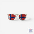 Fanshoppen Norge white sunglasses with Norwegian flag print on lenses, perfect for summer events.