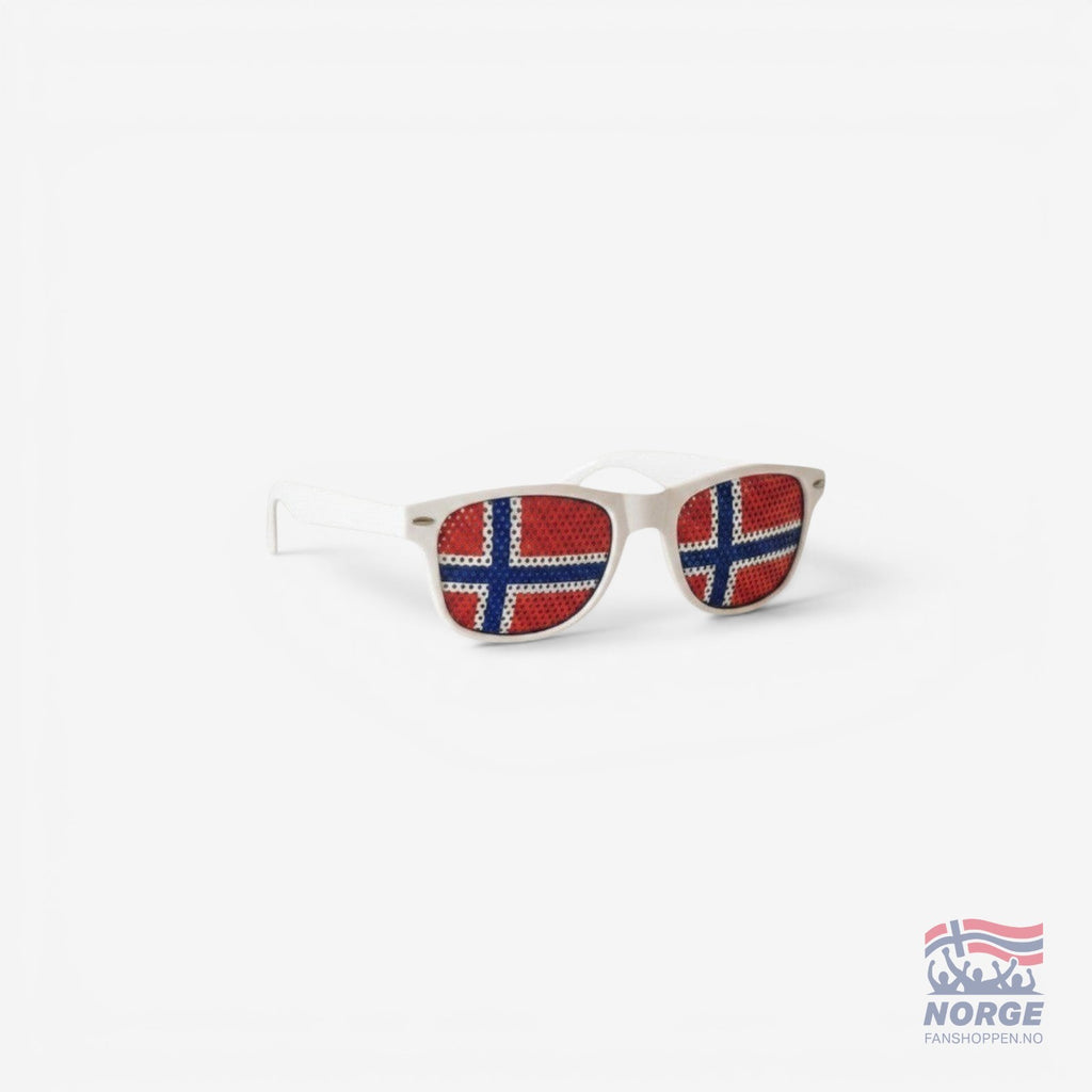 Fanshoppen Norge white sunglasses with Norwegian flag print on lenses, perfect for sporting events or sunny days.