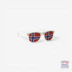 Fanshoppen Norge white sunglasses with Norwegian flag print on lenses, perfect for sporting events or sunny days.