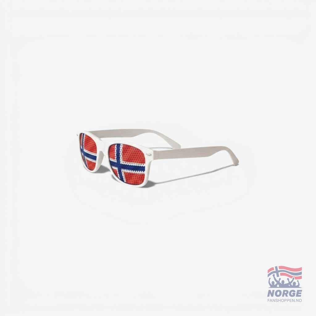 Fanshoppen Norge white sunglasses with Norwegian flag lenses, perfect for sporting events or sunny days.