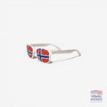 Fanshoppen Norge white sunglasses with Norwegian flag lenses, perfect for sporting events or sunny days.