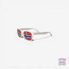Fanshoppen Norge white sunglasses with Norwegian flag lenses, perfect for sporting events or sunny days.