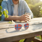 Fanshoppen Norge white sunglasses with Norwegian flag pattern lenses, perfect for sporting events or sunny days.