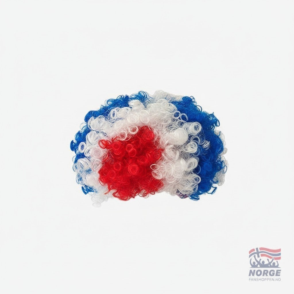 Fanshoppen Norge red, white, and blue curly wig in Norwegian flag colors.