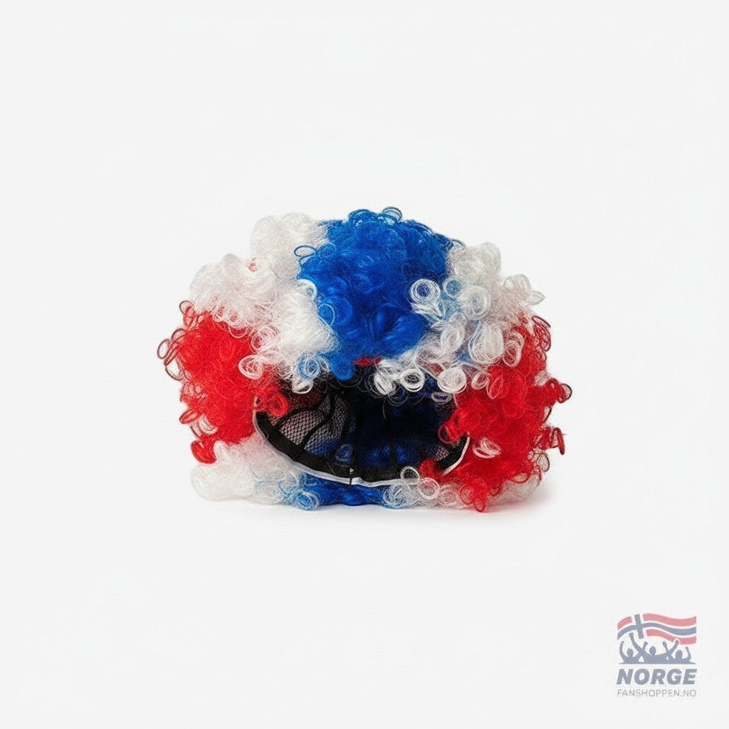 Fanshoppen Norge red, white, and blue curly wig in Norwegian flag colors. Perfect for supporters.