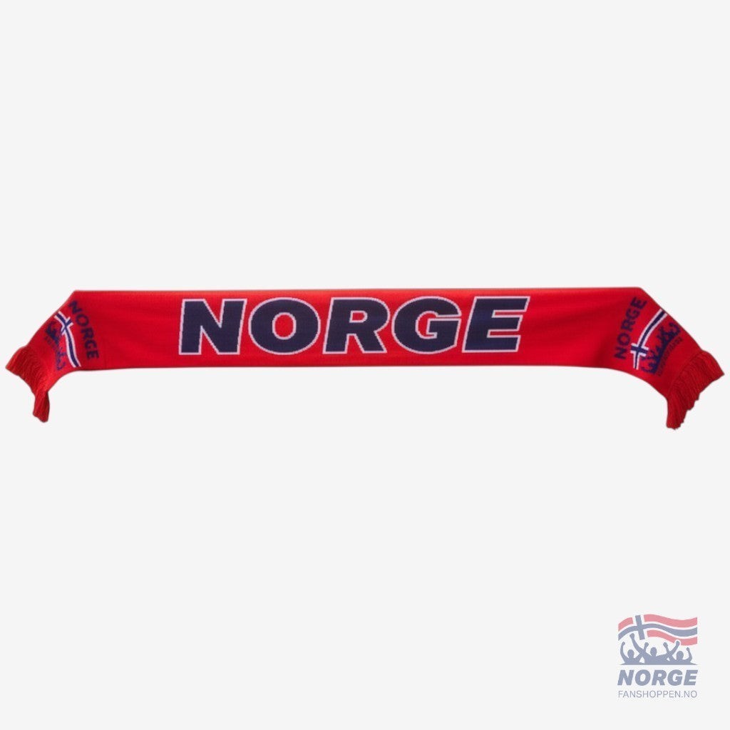 Fanshoppen Norge red lightweight scarf with navy blue 'NORGE' text and fringed ends, ideal for summer football events.