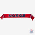 Fanshoppen Norge red lightweight scarf with navy blue 'NORGE' text and fringed ends, ideal for summer football events.