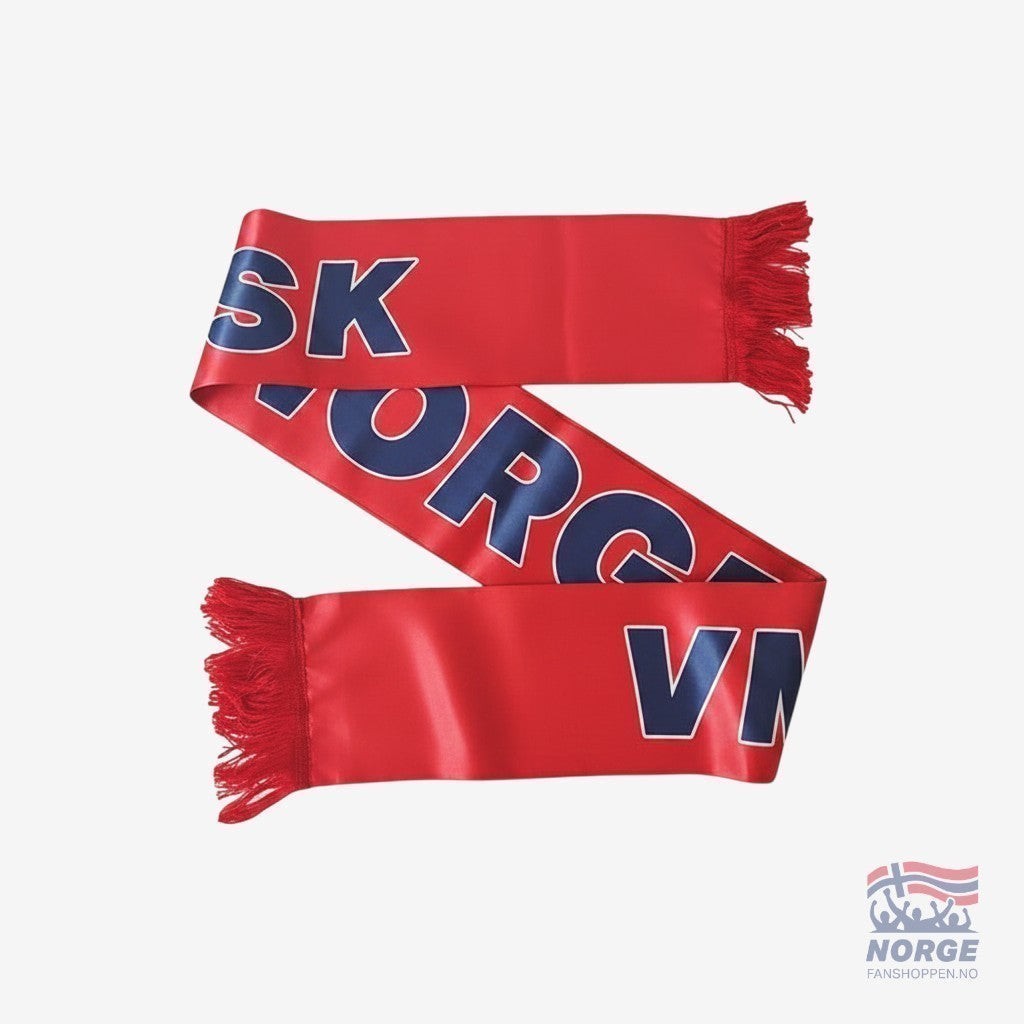Fanshoppen Norge red lightweight scarf with blue text "VM ER NORSK" and fringed ends, perfect for summer football events.
