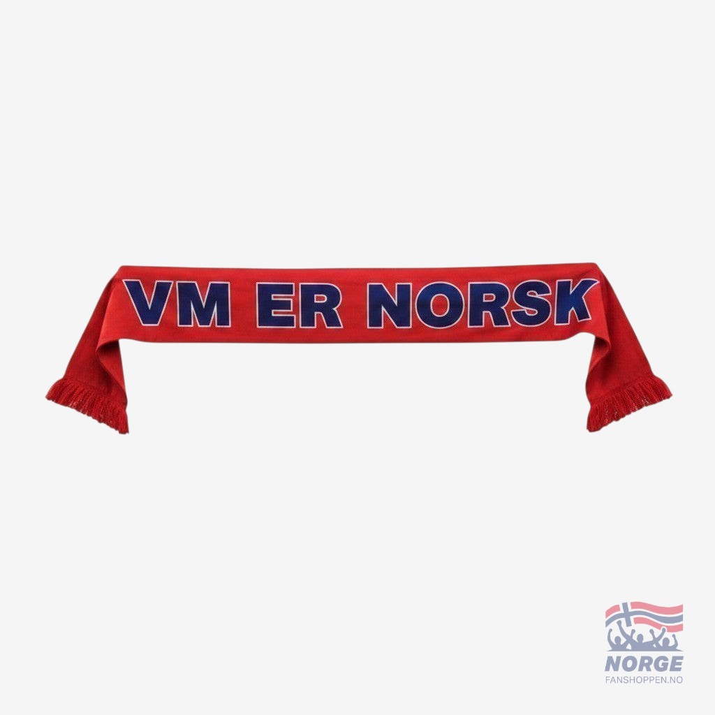 Fanshoppen Norge red lightweight scarf with blue text VM ER NORSK, worn by a fan with face paint and a horned hat.