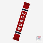 Fanshoppen Norge red knitted scarf with white 'NORGE' text and blue/white stripes. Fringed ends.