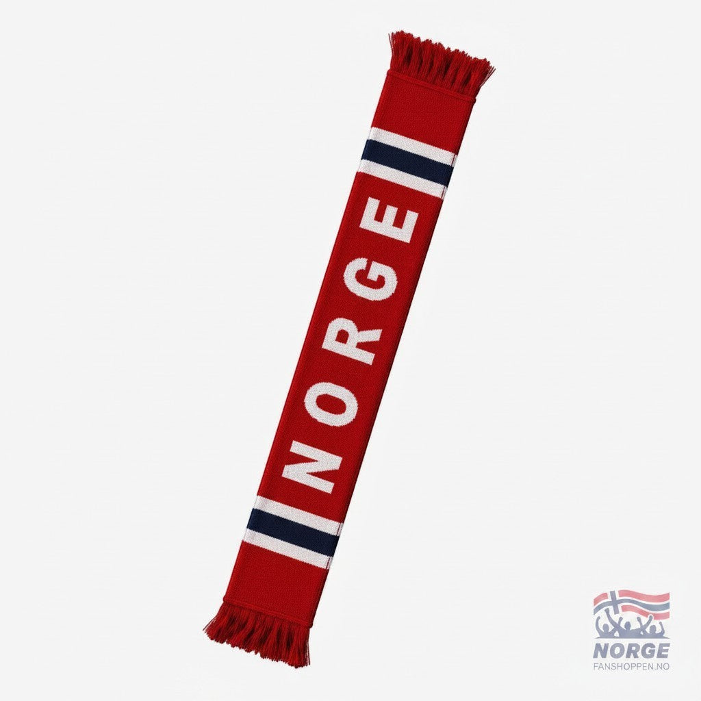 Fanshoppen Norge red knitted scarf with white 'NORGE' text and blue/white stripes. Fringed ends.